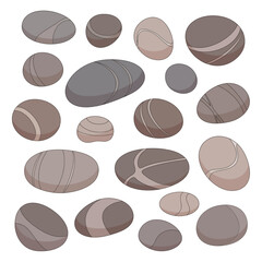 An illustrated collection of smooth, rounded stones and pebbles with various stripe patterns.