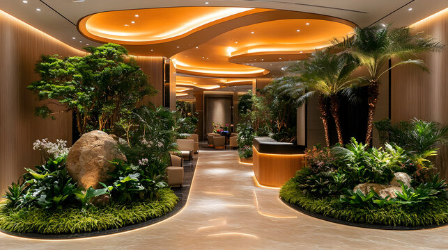 Long empty corridor high ceiling multiple rows columns hall exhibition centre