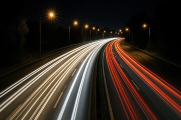 A highway at night, where streaks of white and red paint a vivid picture against the dark canvas of the road
