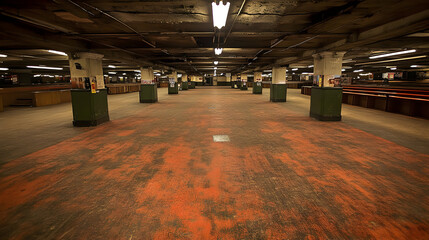 Long empty corridor high ceiling multiple rows columns hall exhibition centre