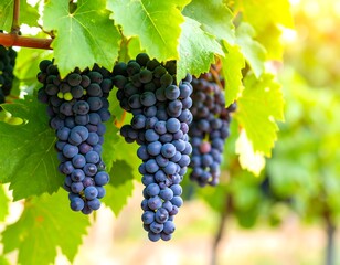 Naklejka premium Clusters of plump, dark purple grapes hanging from vines with lush green leaves