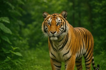Obraz premium A majestic tiger stands amidst the lush greenery of a forest, its gaze piercing and alert