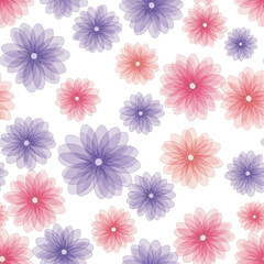 A decorative pattern of translucent, overlapping flowers in soft pastel shades of purple, pink, and orange on a white background.
