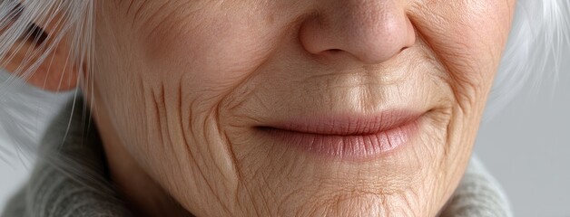 Fototapeta premium Close-up view of an elderly woman's face showcasing wisdom and age with detailed wrinkles in soft lighting, highlighting her experiences and emotions