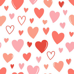 Seamless pattern of hand-drawn hearts in various shades of pink and red.