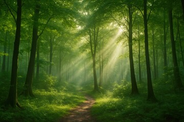 Obraz premium A Serene Forest Pathway Illuminated by Sunlight