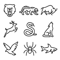 Untamed Animal Icons. Outline icon set of untamed animals: snarling bear, prowling tiger, charging buffalo, jumping deer, crawling