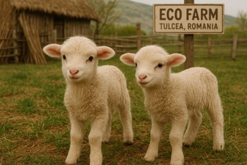 Fototapeta premium Two baby sheep standing in a field near a sign that says Eco Farm Tulcea, Romania
