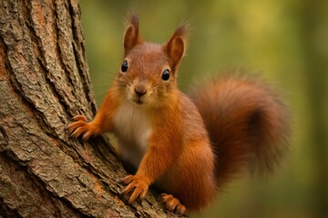 A curious squirrel peers out from its tree perch, its eyes reflecting a world of potential adventures