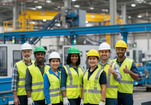 A diverse group of factory workers stand together smiling wearing safety gear against an industrial backdrop