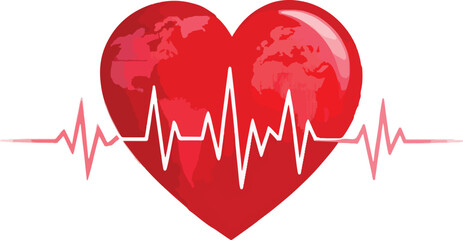 Vibrant red heart with world map and cardiogram line style vector illustration EPS file download

