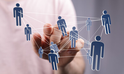 Image of a hand interacting with a network of interconnected people, symbolizing global...