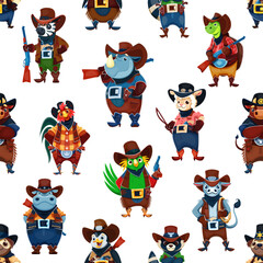 Cartoon animal cowboy and robber characters seamless pattern. Kids textile, wrapping paper vector seamless print with zebra, rhino, turtle, rooster and bull, parrot, donkey, hippo cowboys characters