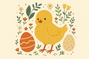 Fototapeta premium A joyful chick stands amidst spring flowers and Easter eggs, symbolizing new beginnings and celebration
