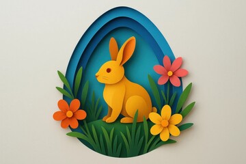 A vibrant rabbit nestled in a floral egg, symbolizing new life and celebration