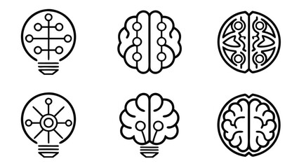Six minimalist line art icons: interconnected brains and lightbulbs;  modern, conceptual, and innovative design for technology, ideas, and networking.