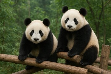 Obraz premium A moment of tranquility between two pandas