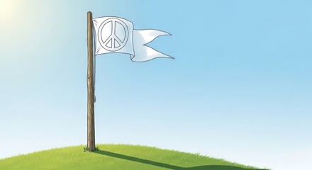 Illustrated White Flag with a Peace Symbol Waving on a Sunlit Grassy Hill