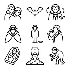 Vampire Action Icons. Outline icon set of vampire actions: biting neck, flying bat, transformation, hypnotizing eyes, disappearing
