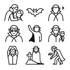 Vampire Action Icons. Outline icon set of vampire actions: biting neck, flying bat, transformation, hypnotizing eyes, disappearing