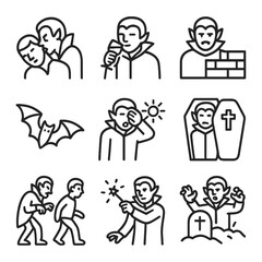 Vampire Activity Icons. Outline icon set of vampire activities: biting neck, drinking blood, lurking in shadows, transforming into
