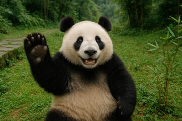 Fototapeta premium A playful panda waves in a lush forest