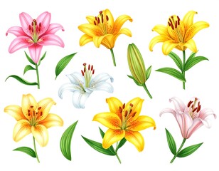 Elegant watercolor illustration featuring a variety of lilies in full bloom on white