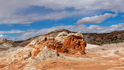 White Pocket in Utah, USA, a remote ecpanse of Navajo sandstone sculpted by wind and erosion into swirling, brain-like formation with vivd red, pink, orange, and white layers