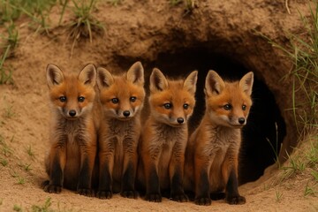 Fototapeta premium Four young foxes huddle together in a natural setting, their curious eyes meeting the viewer's gaze