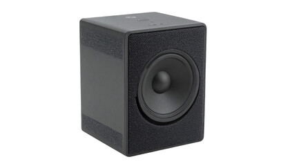 Obraz premium Modern black speaker with textured fabric, delivering high-quality audio for home entertainment and professional sound systems, showcasing sleek design on transparent background