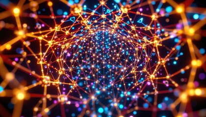 imagine a vibrant scene where a geometric circuit lattice unfurls like an intricate web, stretching across the canvas in a mesmerizing array of interconnected shapes and lines, the lattice