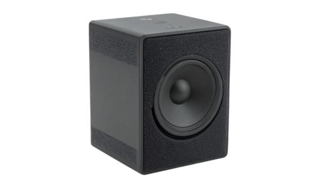 Modern black speaker with textured fabric, delivering high-quality audio for home entertainment and professional sound systems, showcasing sleek design on transparent background