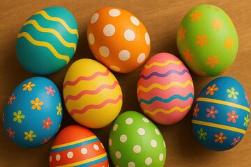 Obraz premium A vibrant array of Easter eggs with cheerful patterns and colors, symbolizing joy and celebration