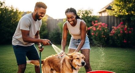 A couple bathes a dog in the backyard, using a hose and a brush. The dog looks happy. In the background, there's a wooden fence, bushes, and flowers. The scene conveys affection and care for the pet.