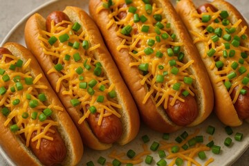 A delightful array of hot dogs garnished with fresh green onions and a generous layer of melted cheese, ready to be savored