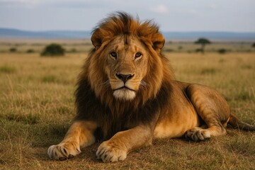 A lone lion sits majestically in a vast savanna, its gaze steady and unyielding