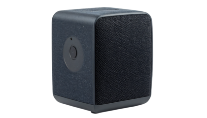 Dark textured speaker cube with button, audio equipment for listening, music and sound on transparent background