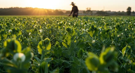 Farmer inspects a field of flowering crops at sunset, with the sun low on the horizon and trees in the distance.