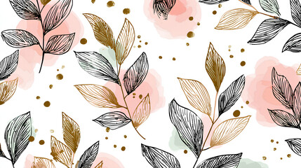 Seamless pattern with tree branches and leaves for surface design and other design projects. modern trend drawing in line art style. Delicate small leaves in watercolor style Stock Illustration