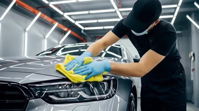 Car Detailer in Mask and Gloves Polishing Auto Body