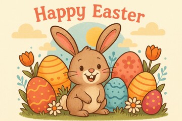 Fototapeta premium Happy Easter! 🌞🎉 A joyful bunny surrounded by colorful eggs in a springtime setting