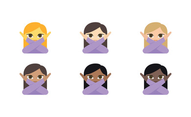 Diverse group of women with crossed arms emoji expressing disapproval or disagreement in various skin tones