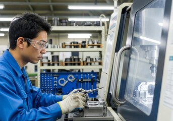 Man measures metal part with CNC machine wearing safety glasses