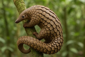 Fototapeta premium A solitary spiny anteater clings to a tree branch in a lush forest, its scales shimmering with the soft light filtering through the canopy
