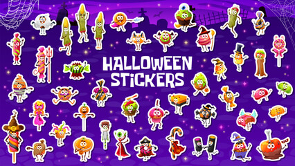 Stickers pack of Halloween holiday sweets, candies and desserts characters. Halloween creepy sweet fingers, marshmallow and cupcake, cookie, lollypop and apple candies vector personage vector stickers
