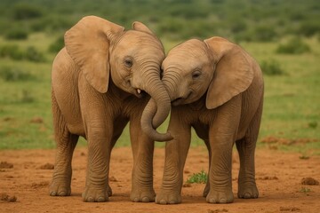 Obraz premium Two young elephants are touching trunks in a field of grass