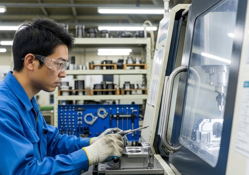 Man measures metal part with CNC machine wearing safety glasses