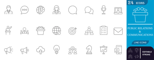 Minimal line icons set for Public Relations and Communications, including media, speech, teamwork, messaging, and strategy elements. Perfect for web, print, and branding use.