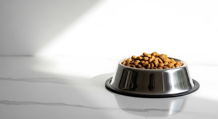 A shiny bowl filled with balanced kibble stands ready for a pet's delightful meal, on a bright