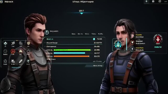 Two futuristic characters in a digital interface displaying stats and abilities in a sci-fi setting